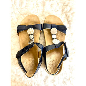 Vionic Farra Orthaheel Navy Patent Leather Sandals Women Size 8